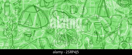 Camping. Hiking hand drawn doodles pattern. Travel accessories and equipment, tourism and camping set. Recreation and hobby. Vector seamless backgroun Stock Vector