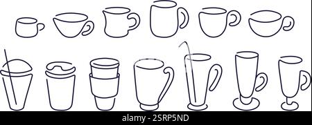 Collection of different line cups. Coffee and tea, hot and cold beverage. Espresso, cappuccino, americano and milk latte in paper mug, iced macchiato Stock Vector