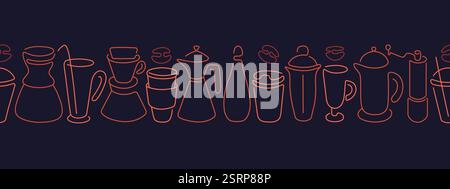 Coffee, tea, cocktail line border. Sketch cup, abstract bar seamless background. Doodle cafe pattern in simple style. Graphic tools for making cappucc Stock Vector
