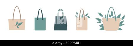 Vector flat art set features a collection of eco-friendly tote bag illustrations. Stock Vector