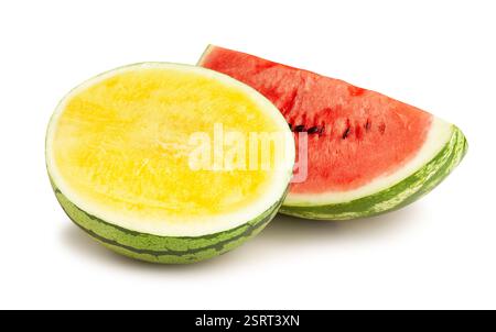 sliced yellow red watermelon mix path isolated on white Stock Photo