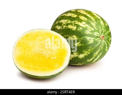 sliced yellow watermelon path isolated on white Stock Photo
