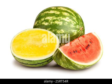 sliced yellow red watermelon mix path isolated on white Stock Photo