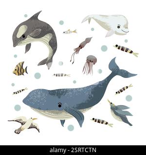 Sea habitants such as fishes, jellyfishes etc. Vector. Stock Vector