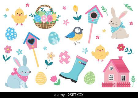 Set of simple Easter illustrations. Vector illustration in flat style. Stock Vector