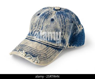 Studio shot of a light blue stone washed denim baseball cap with frayed brim, isolated on white Stock Photo