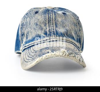 Studio shot of a light blue stone washed denim baseball cap with frayed brim, isolated on white Stock Photo