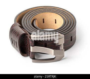 Stylish leather belt rolled up, showcasing its textured surface and shiny metal buckle Stock Photo