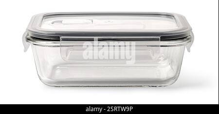 Empty rectangular glass food storage container with plastic gray lid and locking clips, isolated on white background Stock Photo