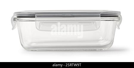 Rectangular glass food container with plastic lid and locking clips, ideal for storing and transporting food Stock Photo