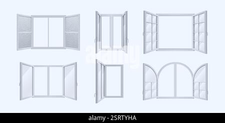 Open window. Shutter frame. White house door or sash blind home. Hung louver. Mansion windowsill. 3D closed double glass casements. Facade decoration. Stock Vector