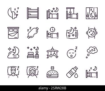 Insomnia icons. Sleep line pictogram. Night nap. Bed with pillow and blanket. Outline slumber sign. Sleeping pill. Comfortable bedroom. Cradle bedding Stock Vector