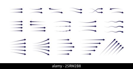 Air flow. Wind arrow icons. Blue light wave effect as fan direction. Conditioner fresh breeze blowing. Water movement. Condition system. Airflow circu Stock Vector