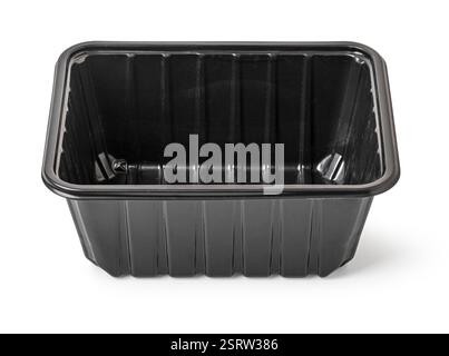 Studio shot of a black disposable plastic food container, highlighting its rectangular shape and ribbed texture Stock Photo