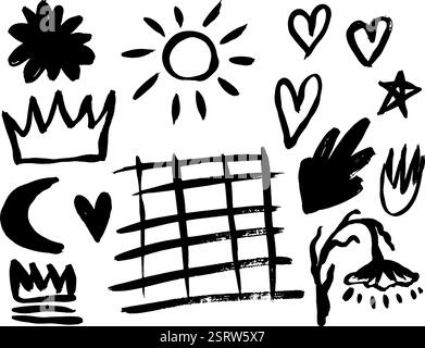 Grunge ink brush strokes elements. Black paint brush, stroke, line, grunge.Crown, sun, flower, heart, cloud, moon doodle collage elements. Black grung Stock Vector