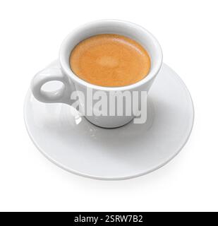 Steaming espresso coffee with crema in a white cup and saucer, isolated on a white background, perfect for breakfast or a caffeine boost Stock Photo