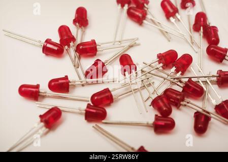 Red LEDs. The electronic component. Old LED elements. Stock Photo
