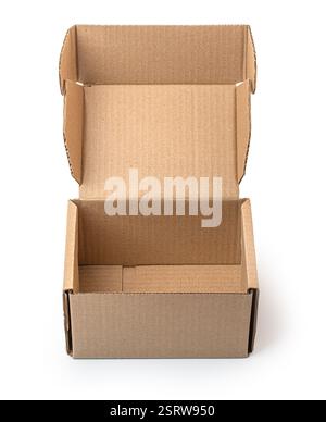Empty open rectangular cardboard box isolated on white background, ready for shipping and packaging Stock Photo