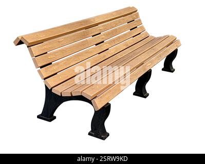 New curved wooden bench with metal frame isolated on white background, ideal for parks, gardens or outdoor spaces Stock Photo