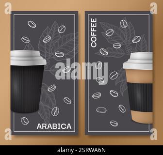 Coffee cup flyer. Sketch style beans on background. Takeaway aroma beverage packaging mockup. Blank realistic espresso cardboard mug. Vertical banner Stock Vector