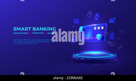 Credit card. Bank payment. Virtual 3d hologram. Future data tech. Online shop secure. Neon light. Money protect. Financial transfer. Banking technolog Stock Vector