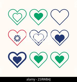 Set of colorful double heart icons with various decorative elements Stock Vector