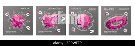 Polygon background. Abstract business cards. 3D shapes. Line triangles. Wireframe texture. Science infographic. Hexagon figures. Grid structure. Rende Stock Vector