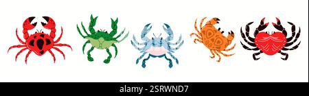 Colourful cartoon crabs flat color vector icons set. Vibrant seafood scene features different crabs with big claws pack on white background Stock Vector