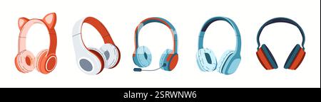 Stylish and colorful wireless headphones flat color vector icon set. Trendy headphones perfect for enjoying music objects pack on white background Stock Vector