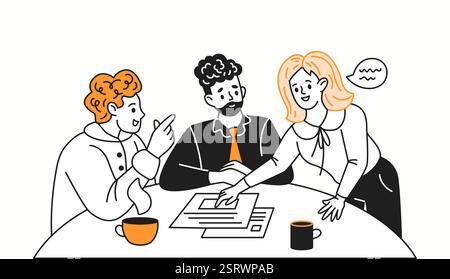 Coworkers solve business tasks at desk in office orange color linear icon. Businesspeople discuss report characters doodle illustration Stock Vector
