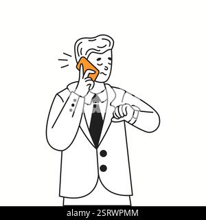 Irritated man talks on phone checking time orange color linear icon. Businessman in suit reflects impatience character doodle illustration Stock Vector