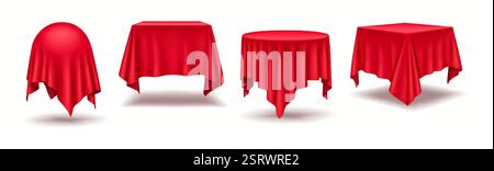 Geometric forms draped in crimson silk fabric realistic color icons set. Decorated podiums with red tablecloths 3d objects bundle on white Stock Vector