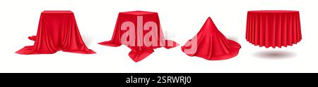 Red silk and satin fabrics draping forming shapes realistic color icons set. Anticipation of elegant unveiling 3d objects bundle on white Stock Vector