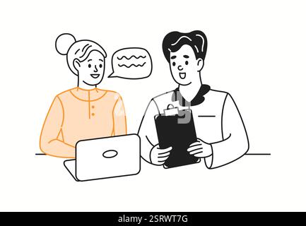 Colleagues engaging in work discussion orange color linear icon. Employees collaborating on project strategy characters doodle illustration Stock Vector
