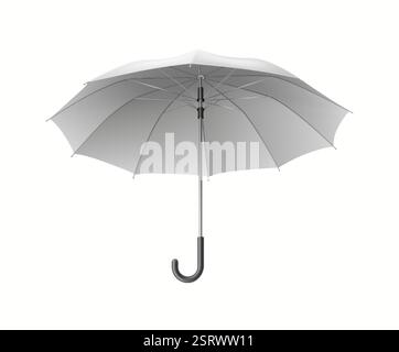 Classic open umbrella-cane with handle realistic vector illustration. Parasol with designs mockups for rainy weather and insurance 3d object on white Stock Vector