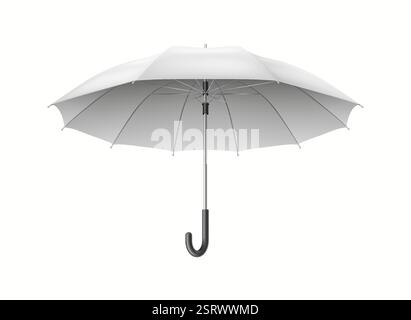 Open classic white umbrella-cane with black handle realistic vector illustration. Protection from rain and sun 3d object on white background Stock Vector