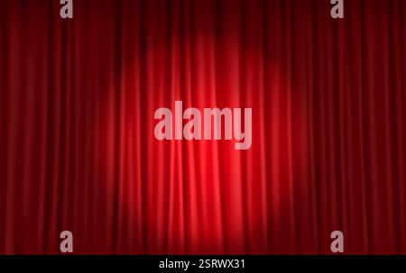 3D realistic illustration of red stage curtains with a dramatic spotlight effect, ideal for theater productions, cinematic openings, and stage events. Stock Vector