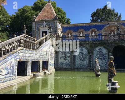 Palace of the Marquises of Fronteira. Staircase with blue and white tiled walls. Fountain in the center with sculptures. A symbol of wealth and opulen Stock Photo