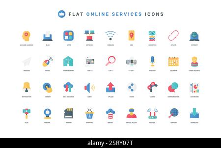 Online services for download, exchange and storage of data, bank payment and shopping color icon set. High speed wireless network for home, chat messages and gaming flat elements vector illustration Stock Vector