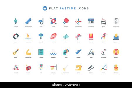 Hobby, weekend leisure and sport game, music and photography color icon set. Craft tools supplies and equipment for activities and entertainment, idea of vacation flat elements vector illustration Stock Vector