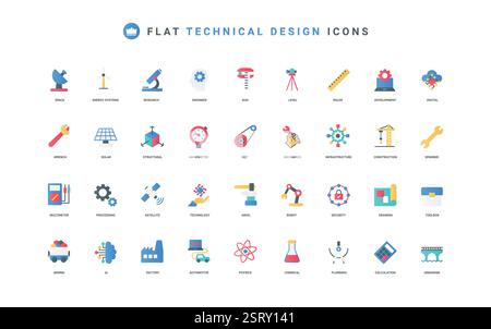 Engineering, industrial infrastructure development using science research, robots color icon set. Engineers planning and drafts, digital process automation with AI flat elements vector illustration Stock Vector
