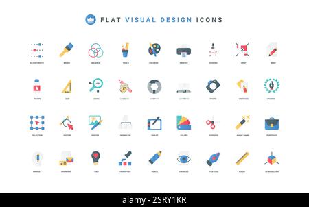 Digital art design, idea and equipment for designers, portfolio and artists mindset color icon set. Software, pencil scissors pen tools to edit graphic design flat elements vector illustration Stock Vector