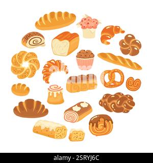 Bread Pastry Bakery products Cartoon hand drawn set. Various Loaf Bun Roll, French Baguette Croissant, Bagel, Pie, Cinnamon Roll, Wheat Rye Bread. Menu Bakery Pastry Textured art Vector illustration Stock Vector