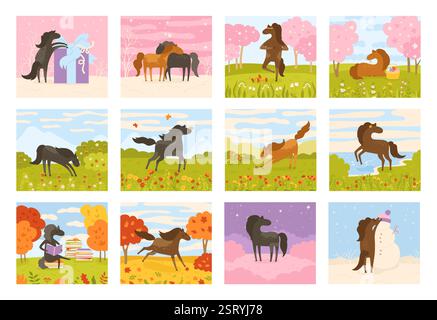 Horse in meadow cartoon vector illustration. Set of 12 art pages with horses in different poses, scenes landscapes. Four seasons, twelve months of nature illustration for calendar with mare, mustang Stock Vector