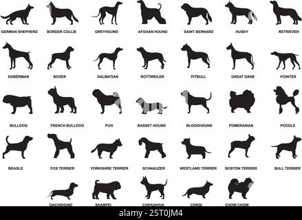 Dog breeds silhouette isolated on white vector illustration collection set Pet mascot domestic animals home decor diy crafts Stock Vector