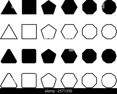 Set of simple geometric forms with sharp and rounded corners. Triangle, square or squircle, pentagon, hexagon and octagon shapes isolated on white background. Vector graphic illustration. Stock Vector