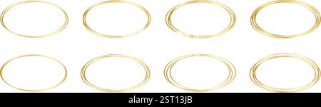 Set of oval golden frames isolated on a white background. Collection of luxury elliptic borders. Glowing decorative frameworks, design elements for birthday or wedding cards. Vector illustration. Stock Vector