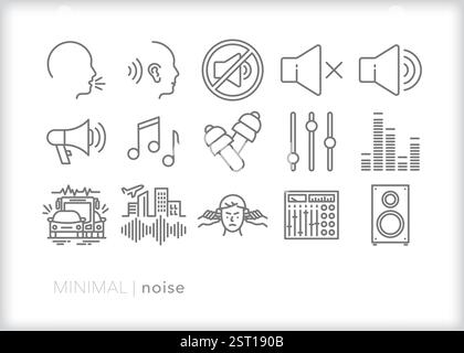 Set of noise icons representing speaking and hearing, noise levels, sound mixing, noise pollution, and audio settings Stock Vector
