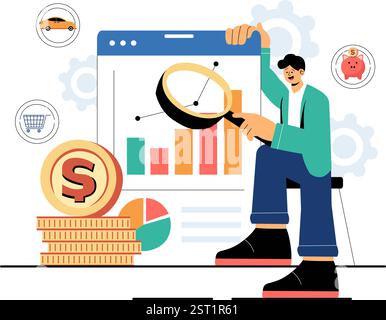 Personal Finance Management Vector Illustration Depicting Money Spending Habits, Purchase Planning, Financial Goal Setting, and Budget Management Stock Vector