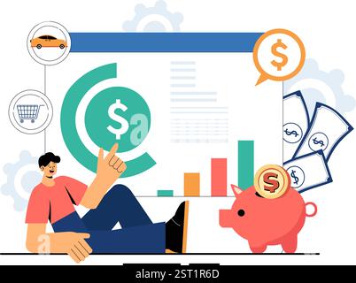 Personal Finance Management Vector Illustration Depicting Money Spending Habits, Purchase Planning, Financial Goal Setting, and Budget Management Stock Vector